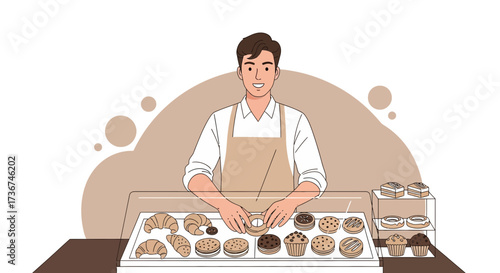 Smiling Baker Arranging Freshly Baked Pastries Behind Display Counter In Bakery Shop