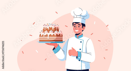 Smiling Baker Chef Holding Decorated Cake, Celebrating Success and Culinary Excellence