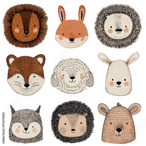 Cute collection of hand drawn woodland and wild animal faces.
