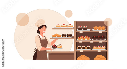 Smiling Baker Presents Culinary Creations in a Charming Bakery Display of Sweet Treats