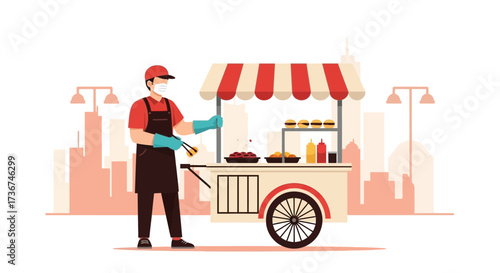 Street Food Vendor Preparing Delicious Meals Under A Striped Awning in The Urban Environment