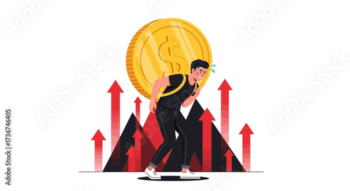 Struggling Man Carries Gigantic Gold Currency Coin Amid Rising Financial Achievements