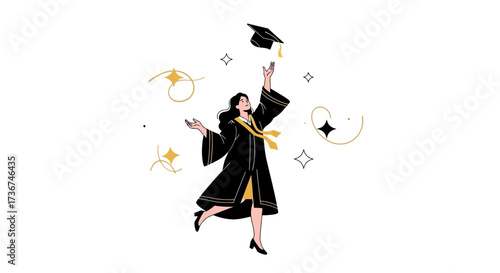 Student Celebrating Graduation with Tassels, Stars and Unique Minimalist Artistic Style
