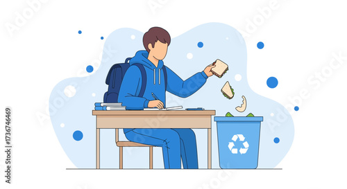 Student Discarding Unwanted Food Into Recycling Bin During Class Study Time