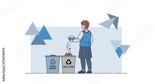 Student Disposing Food Waste Into Recycling and Composting Containers Illustrative Art