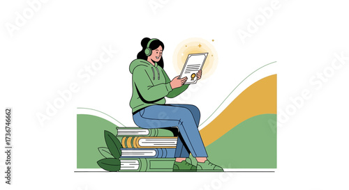 Student Reading Diploma While Listening To Audio Over Books With Abstract Background