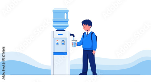 Student Refilling Glass Of Water From Stationary School Water Dispenser Illustration