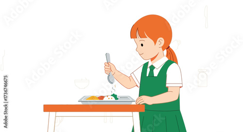 Student Serving Her Food, Smiling and Enjoying Lunchtime During Her School Day Happy
