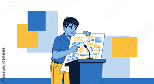 Student Showing Fear While Presenting School Assignment On Stage With Illustration Style