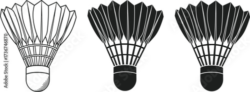 "Set of three stylized badminton shuttlecock illustrations in varied fill styles for sports branding, design comparison, and education use"