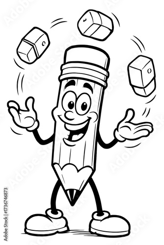 Cartoon Pencil Character Juggling Erasers - Black and White Vector Illustration