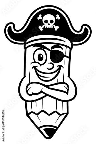 Cartoon Pirate Pencil with Eyepatch and Hat - Black and White Vector Illustration