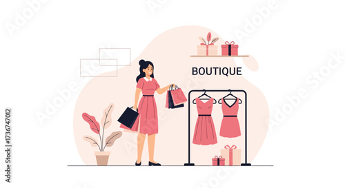 Stylish Woman Shopping At A Boutique, Handbags, Dresses, And Elegant Gifts Illustration