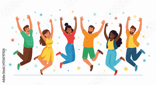 Happy Friends Jumping Together in Celebration