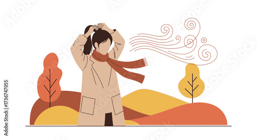 Stylized Illustration of a Woman Adjusting Hair Outdoors with Windy Weather