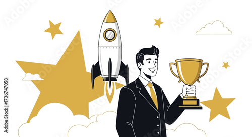 Success Achieved: A Businessman Celebrates Launching New Venture and Wins Award
