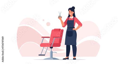 Stylist Holding Scissors Beside a Barber Chair Ready For a Haircut Session Anytime Anywhere