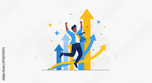 Success Achieved: A Jubilant Man Soars Above Growth Arrows Reaching New Heights