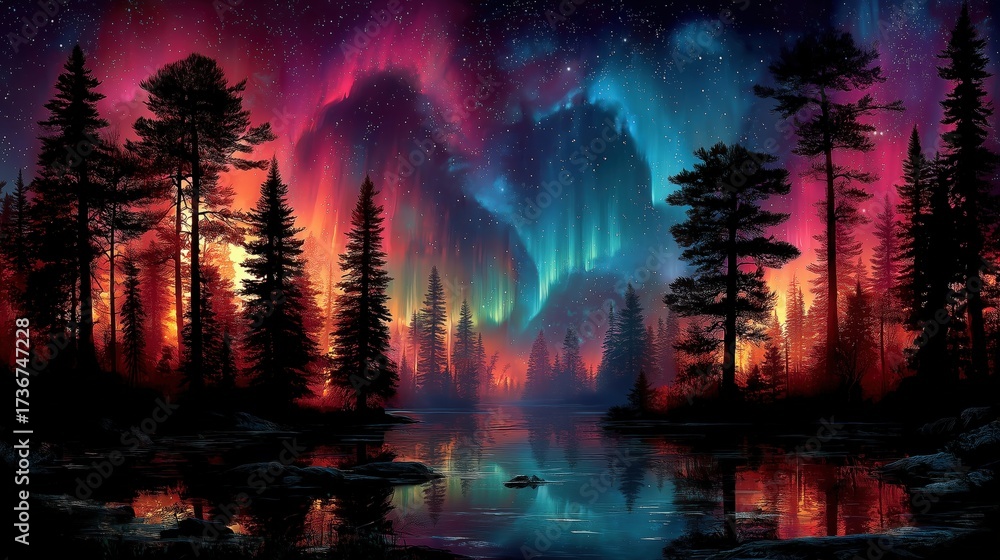 Fototapeta premium Vibrant night sky with colorful northern lights and silhouetted trees.