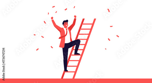 Success and Achievement Concept: Businessman Climbing Ladder to the Top with Hands Raised