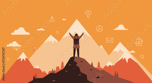 Success and Achievement Illustrated: Hiker Reaching Summit With Arms Raised In Triumph
