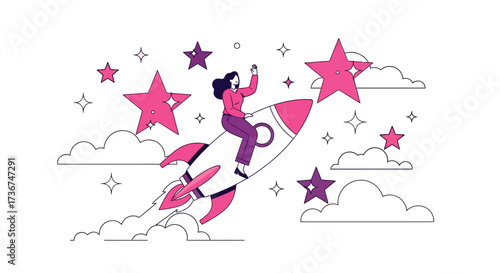 Success And Ambition: Woman Pioneering On A Rocket Ship To Reach The Stars And Achieve Goals