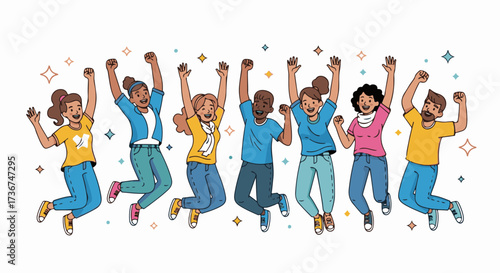 Happy Friends Jumping Together in Celebration