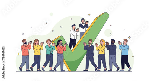 Success Celebration Of Diverse Team Clapping Next To A Giant Checkmark Illustration