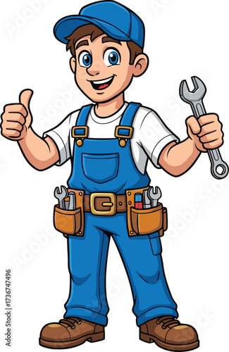 Cartoon handyman character, male worker illustration, blue overalls, tool belt, cheerful repairman, construction job, maintenance service, thumbs up pose, vector art