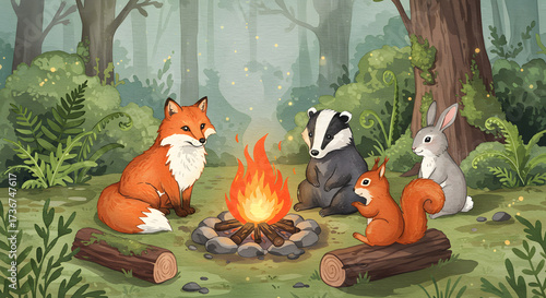 Woodland Animals Gather Around a Cozy Campfire