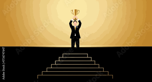 Success Symbolized Businessman Reaching Achievement At The Apex Of Prominence With Trophy