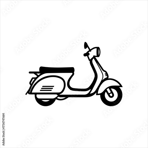 A classic vintage scooter shown in a side profile view, depicted as a simple black and white line art illustration on a clean white background.