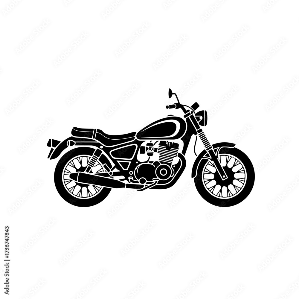 Fototapeta premium A black and white silhouette illustration of a classic cruiser motorcycle on a white background.
