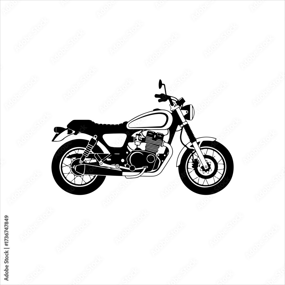 Obraz premium Black and white side profile illustration of a classic standard motorcycle on a plain white background.