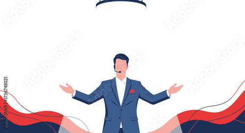 Successful Business Speaker Illustrates Presentation With Dynamic Gestures and Modern Style