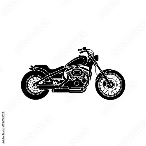 A black silhouette of a classic chopper style motorcycle viewed from the side, isolated on a white background.