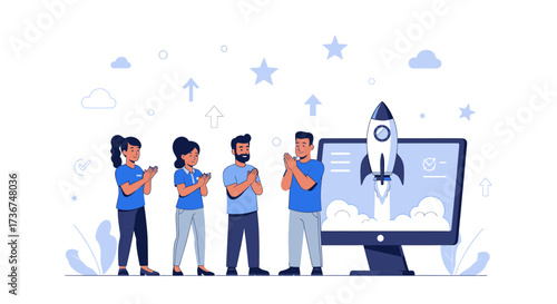 Successful Business Startup: Team Celebrates Project Launch and Rocket's Liftoff Online
