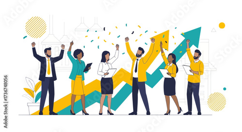 Successful Business Team Celebrates Achievement With Arrows Pointing Upwards Signifying Growth
