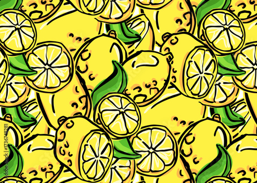 Seamless lemon pattern in hand drawn style. Doodle citrus fruit background with whole lemons and slices. Vector illustration for fabric, textile prints, wrapping paper, kitchen and summer design.