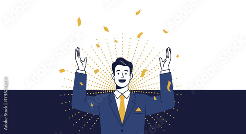 Successful Businessman Celebrates a Victory with Confetti Falling in the Sky