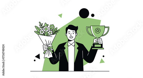 Successful Businessman Celebrating Achievement with Flowers and Award Trophy Illustration