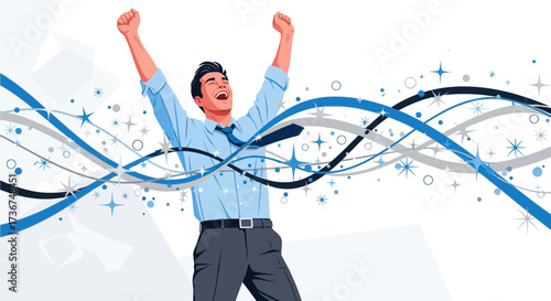 Successful Businessman Celebrating Achievement With Upward Arms And Victory Waves