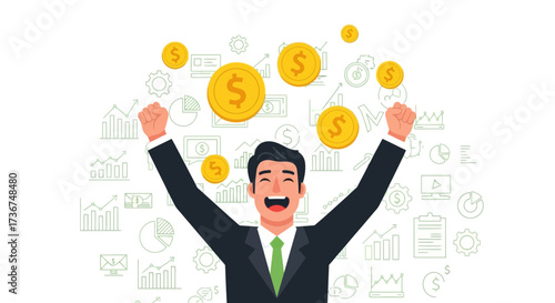 Successful businessman celebrating financial success with gold coins and growth charts