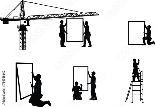 Silhouettes of construction workers installing window frames with crane and ladder, glazing teamwork, building installation, construction site labor, architectural projectillustration
