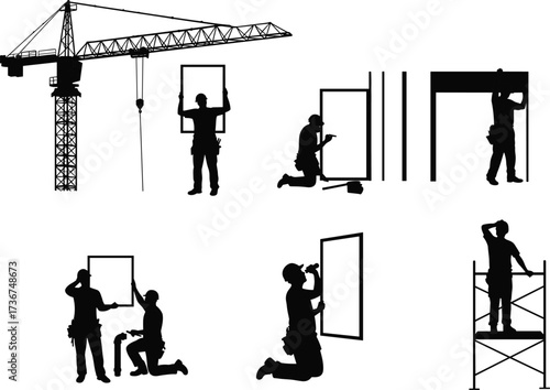 Silhouettes of construction workers installing windows and frames, glazing work with crane and scaffolding, building installation, teamwork effort, construction project