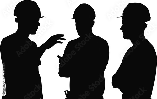 Silhouettes of three construction workers discussing site plans, teamwork, collaboration, project planning, communication, labor meeting, supervision and engineering consultation at building site