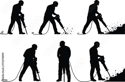 Silhouettes of construction workers using jackhammers, breaking concrete, demolition work, heavy equipment operation, roadwork, labor force, industrial construction, machinery power tool illustration