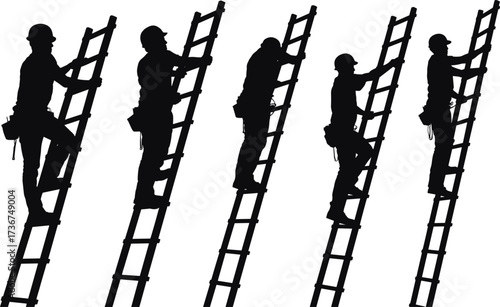 Silhouettes of construction workers climbing ladders, elevation work, site safety, high-rise building, scaffolding climb, teamwork, risk awareness, construction site hazard and safety illustration