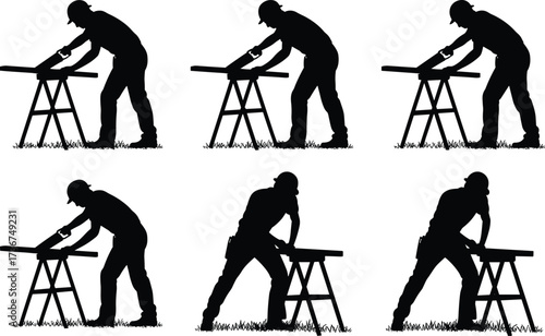 Silhouette construction workers sawing wood, carpentry labor cutting planks on sawhorses, woodworking silhouettes, craftsmanship, manual tools and building construction illustration