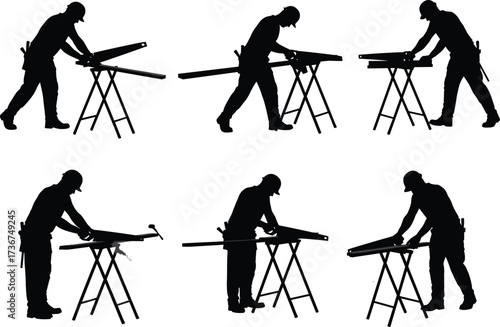 Silhouette construction workers cutting wood, carpentry with sawhorses, woodworking labor silhouettes, measuring planks, craftsmanship, construction building work, repair tools